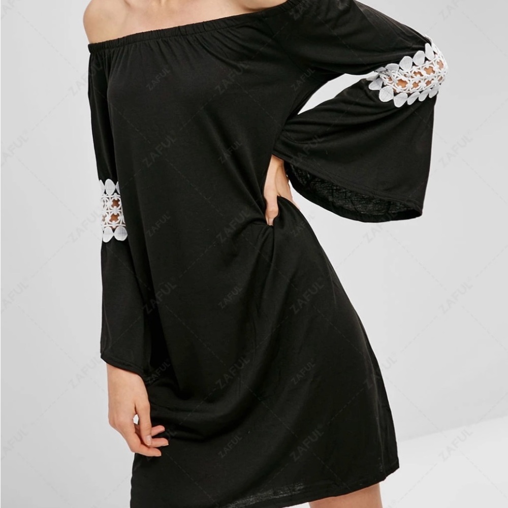 Zaful Black Off-Shoulder Dress with White Floral Accents